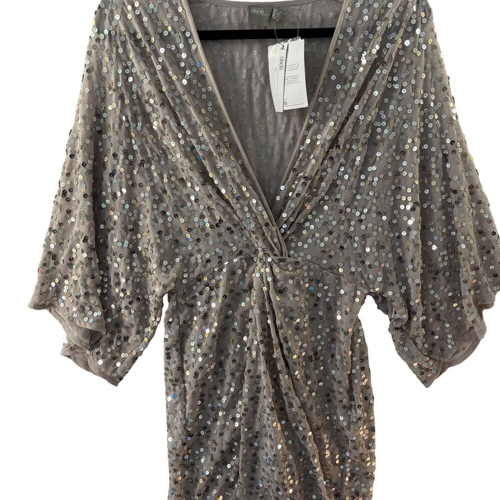 ASOS Beige Sequin Wrap Mini Dress With Flared Sleeves V-Neck Size 6 Polyester Bl - Picture 5 of 8